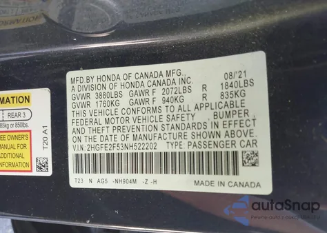 2022 Honda Civic Sport from USA, damaged, VIN 2HGFE2F53NH522202